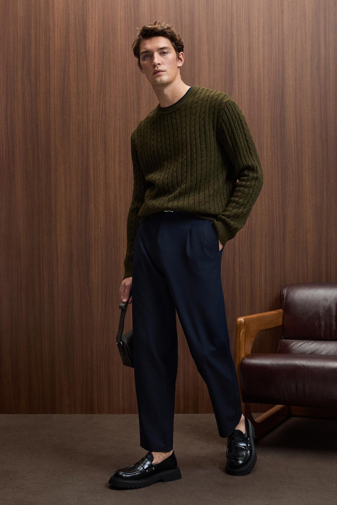 VINTLACE Erkek Yuvarlak Yaka Saç Örgü Desenli Regular Fit Triko Haki Kazak