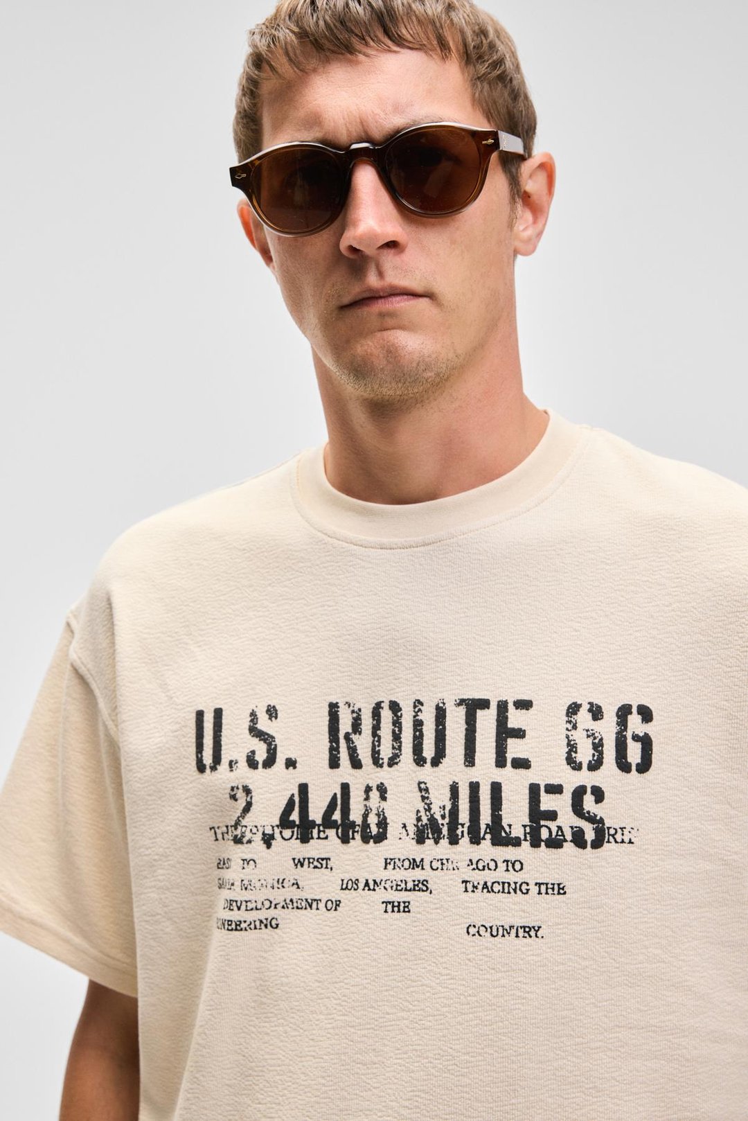 VYRO Erkek Baskı Detaylı %100 Organik Pamuk Bisiklet Yaka Oversize Vanilya T-Shirt
