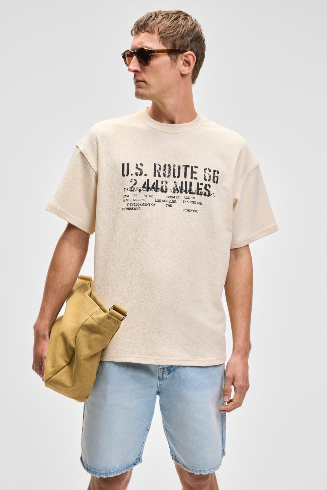 VYRO Erkek Baskı Detaylı %100 Organik Pamuk Bisiklet Yaka Oversize Vanilya T-Shirt