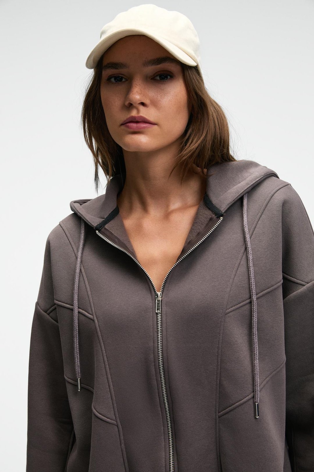 VYSELLE Kadın Önü Kesikli Metal Fermuarlı Kapüşonlu Etiket Detaylı Oversize Antrasit Sweatshirt