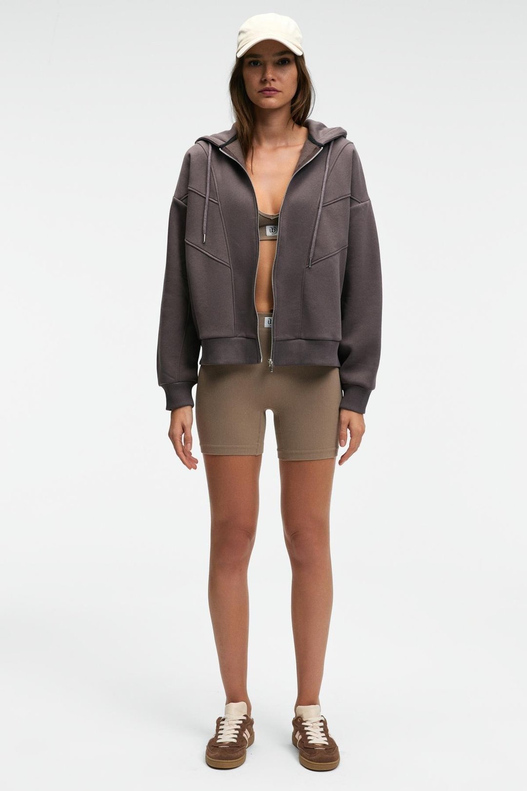 VYSELLE Kadın Önü Kesikli Metal Fermuarlı Kapüşonlu Etiket Detaylı Oversize Antrasit Sweatshirt