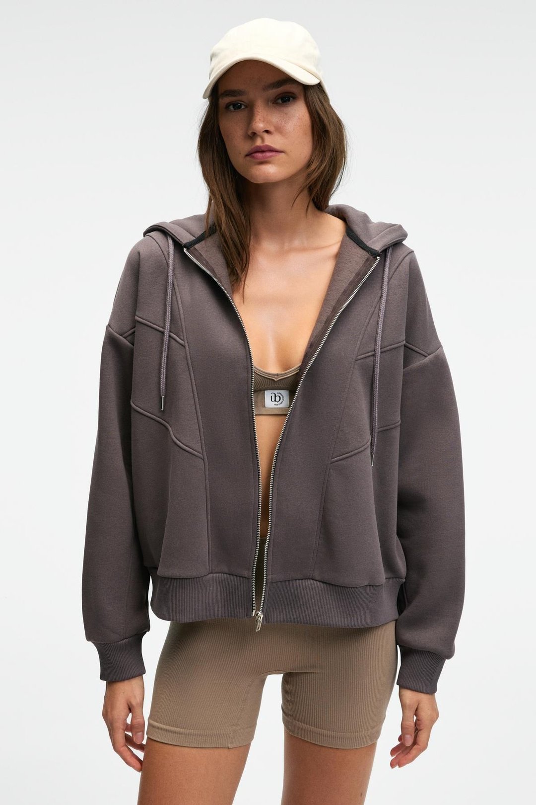 VYSELLE Kadın Önü Kesikli Metal Fermuarlı Kapüşonlu Etiket Detaylı Oversize Antrasit Sweatshirt