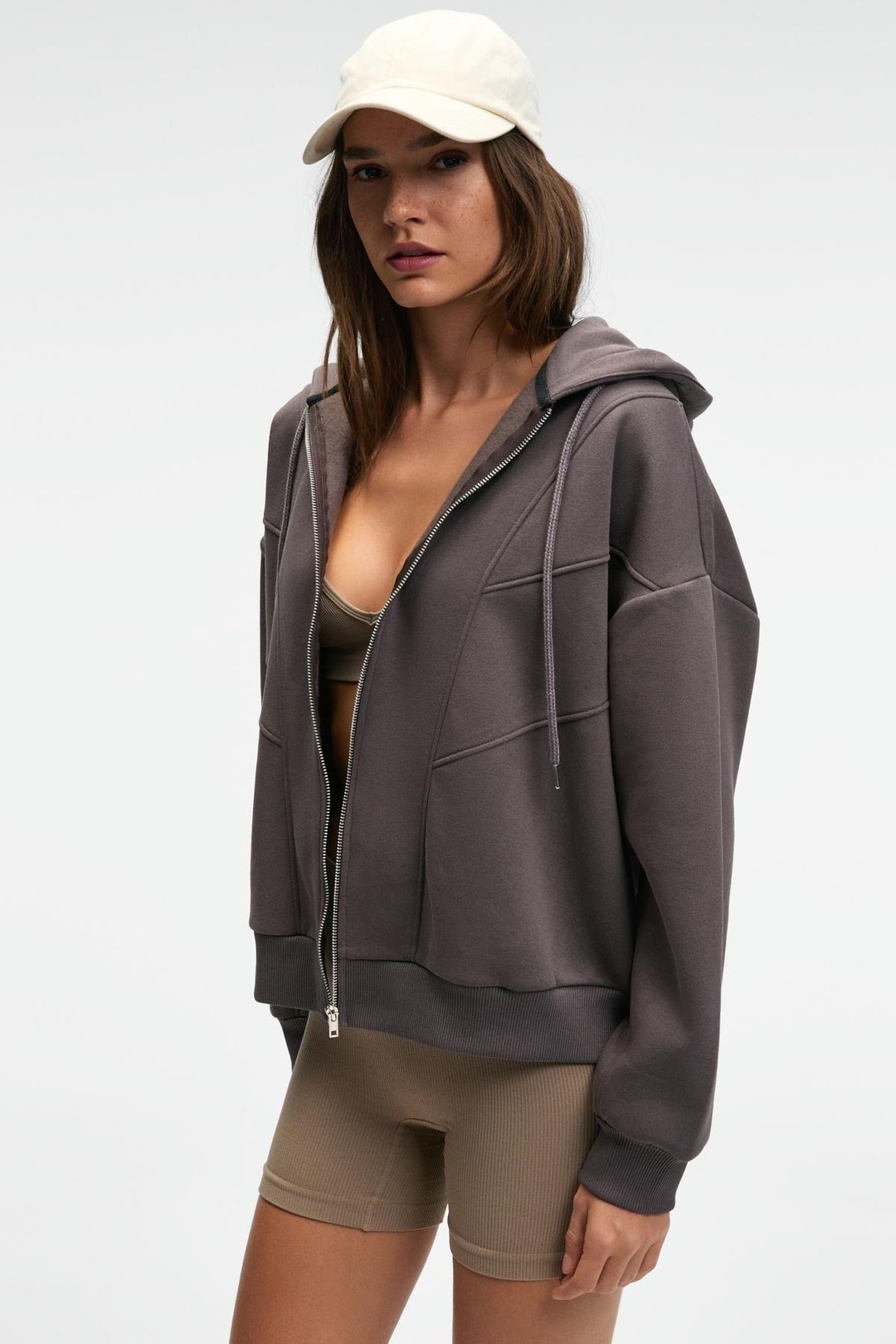 VYSELLE Kadın Önü Kesikli Metal Fermuarlı Kapüşonlu Etiket Detaylı Oversize Antrasit Sweatshirt