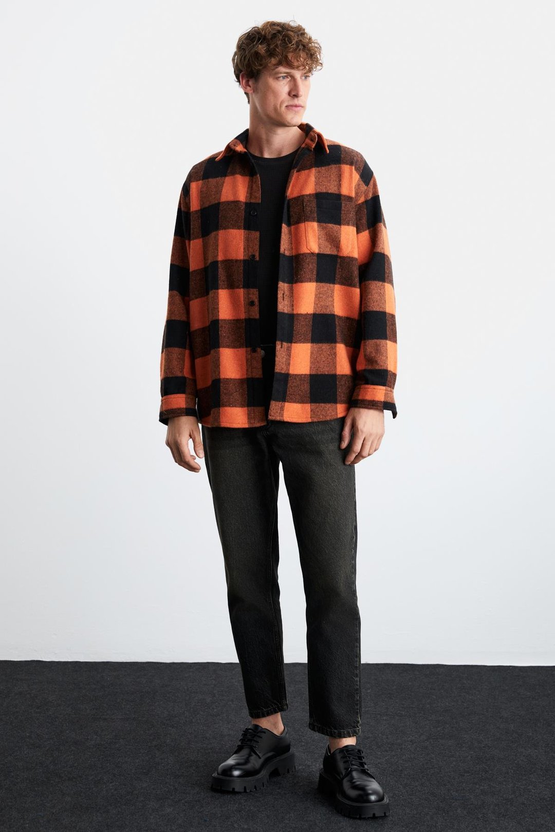 Wıldy Erkek Relaxed Fit Kareli Oduncu Gömlek Yaka Düğmeli Turuncu Gömlek