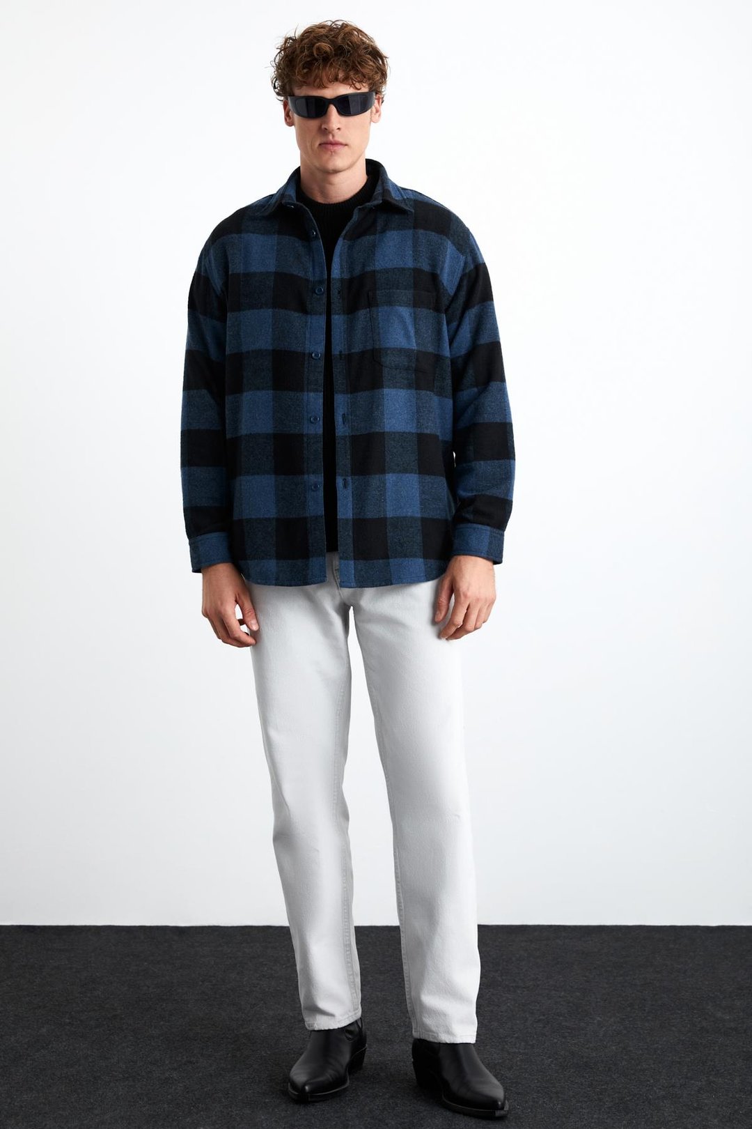 Wıldy Erkek Relaxed Fit Kareli Oduncu Gömlek Yaka Düğmeli Mavi Gömlek