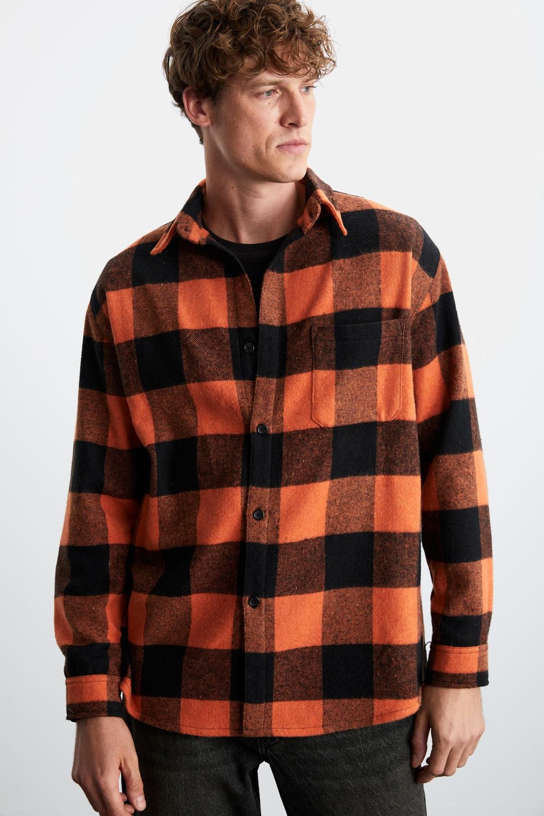 Wıldy Erkek Relaxed Fit Kareli Oduncu Gömlek Yaka Düğmeli Turuncu Gömlek