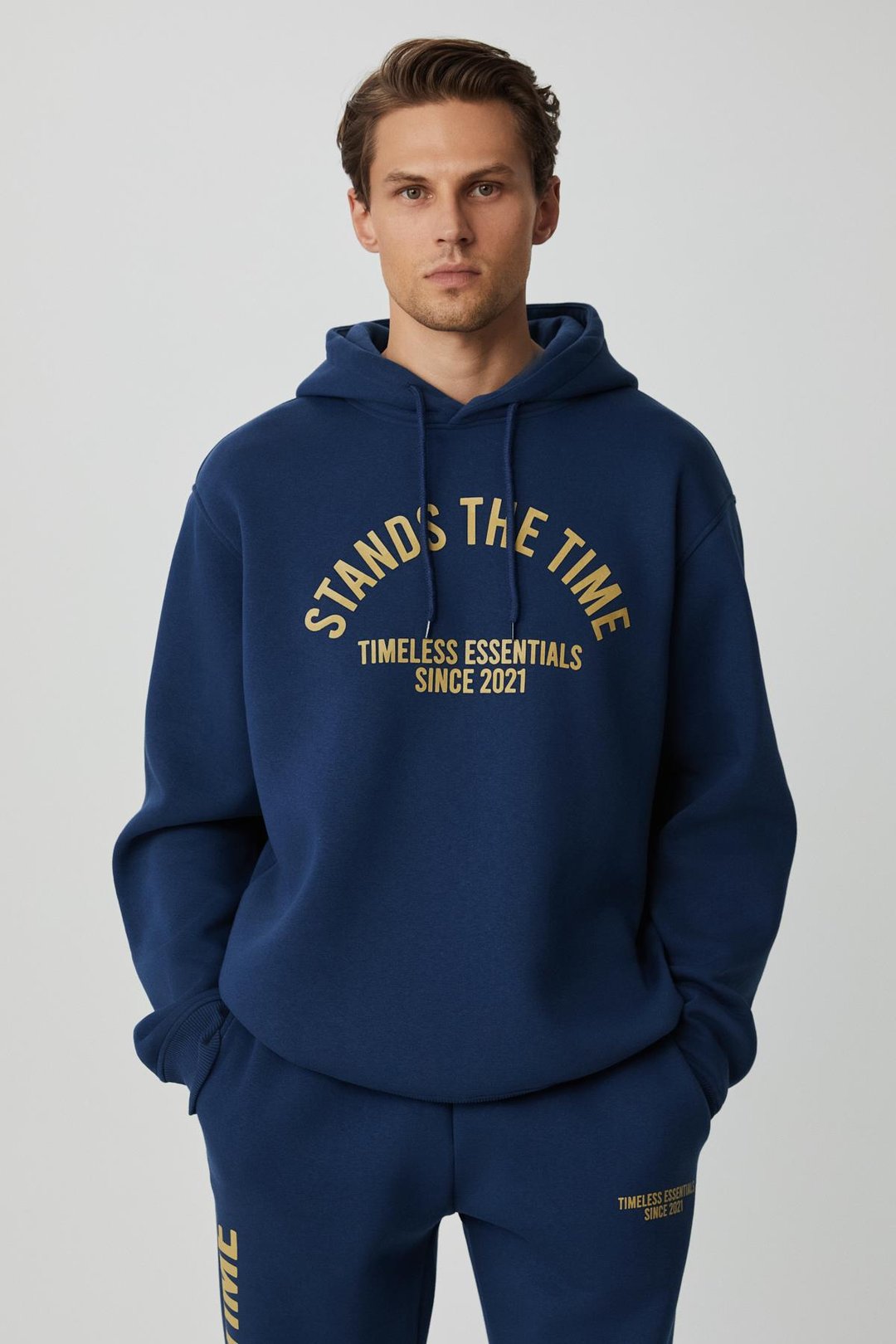 WULF Erkek Organik Kumaşlı İçi Polarlı Yumuşacık Kanguru Cepli Kapüşonlu Lacivert Sweatshirt