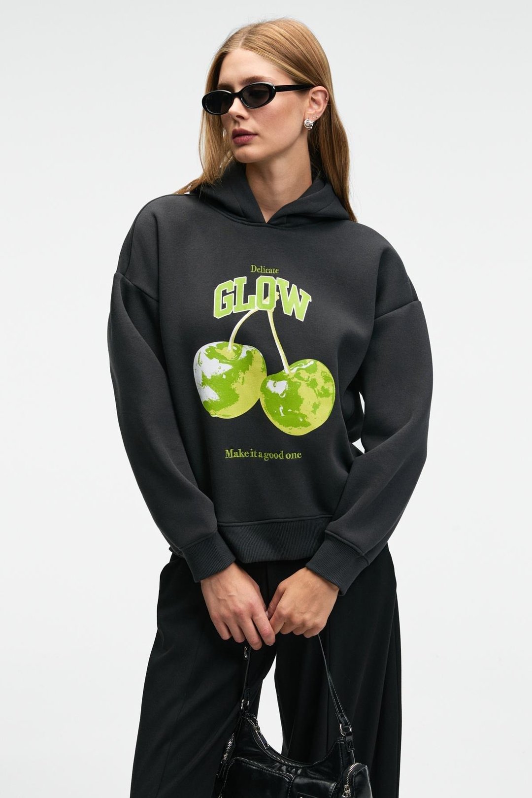 YANMESA Kadın Oversize Baskı Ve Nakış Detaylı Uzun Kollu Kapüşonlu Koyu Antrasit Sweatshirt