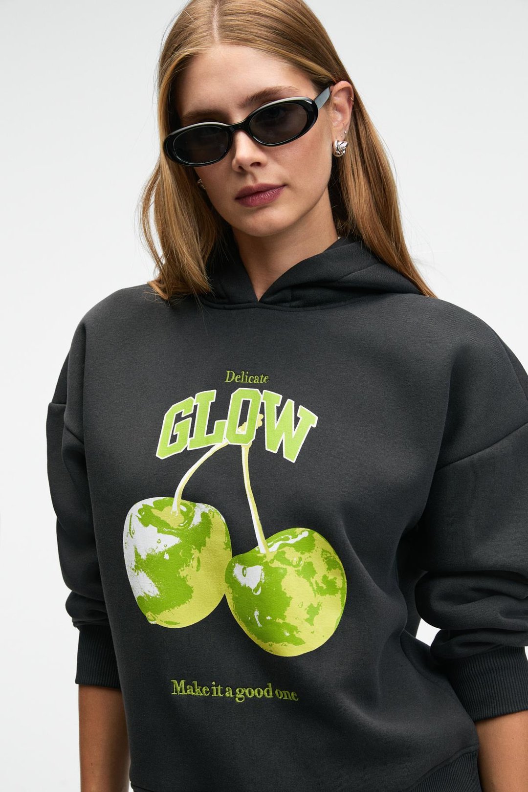 YANMESA Kadın Oversize Baskı Ve Nakış Detaylı Uzun Kollu Kapüşonlu Koyu Antrasit Sweatshirt