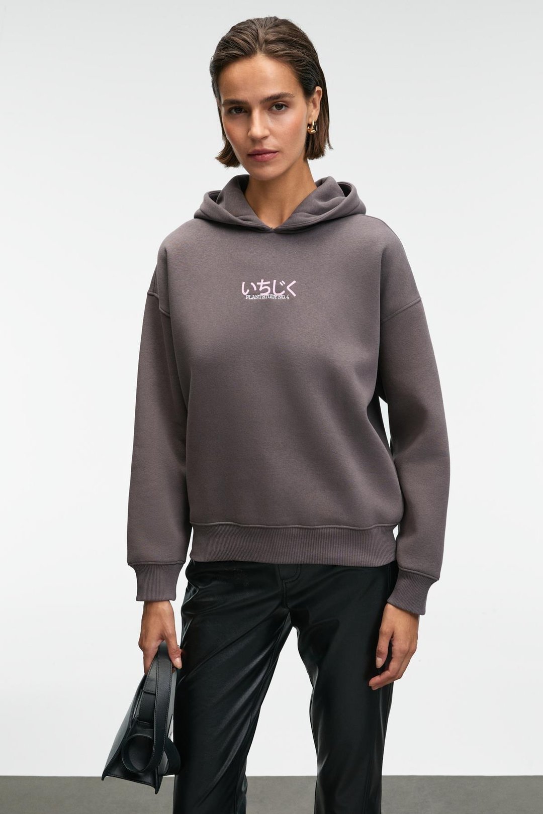 YANMESA Kadın Oversize Baskı Ve Nakış Detaylı Uzun Kollu Kapüşonlu Antrasit Sweatshirt