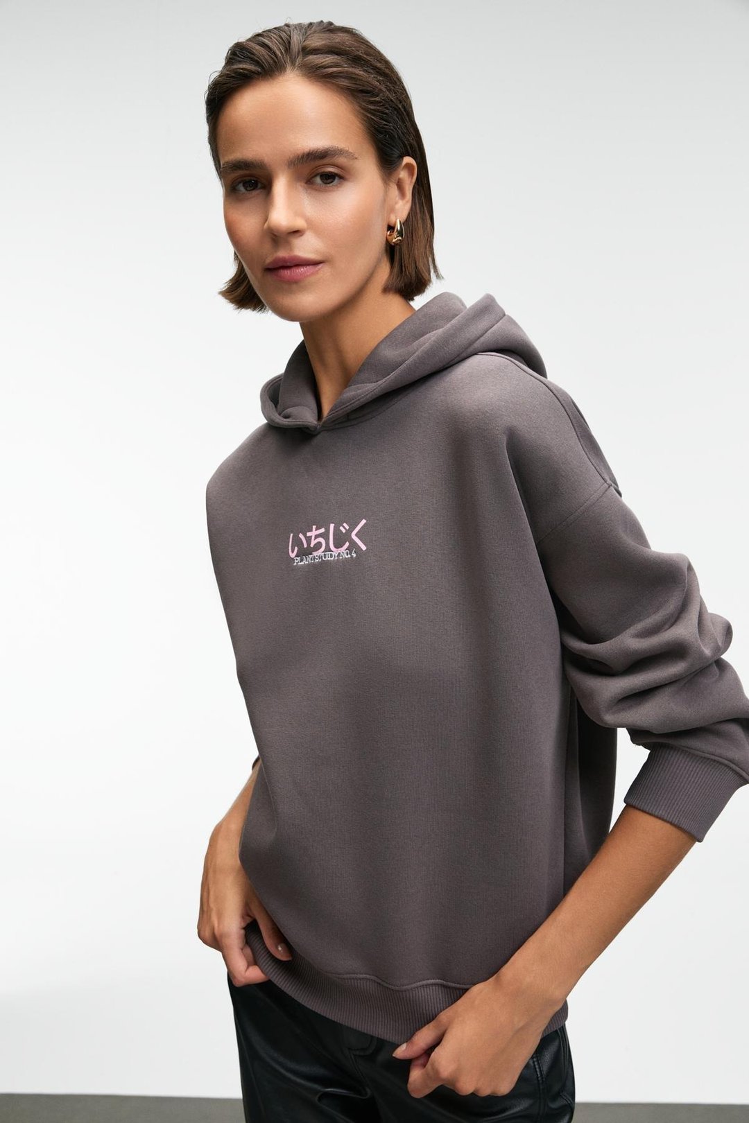 YANMESA Kadın Oversize Baskı Ve Nakış Detaylı Uzun Kollu Kapüşonlu Antrasit Sweatshirt