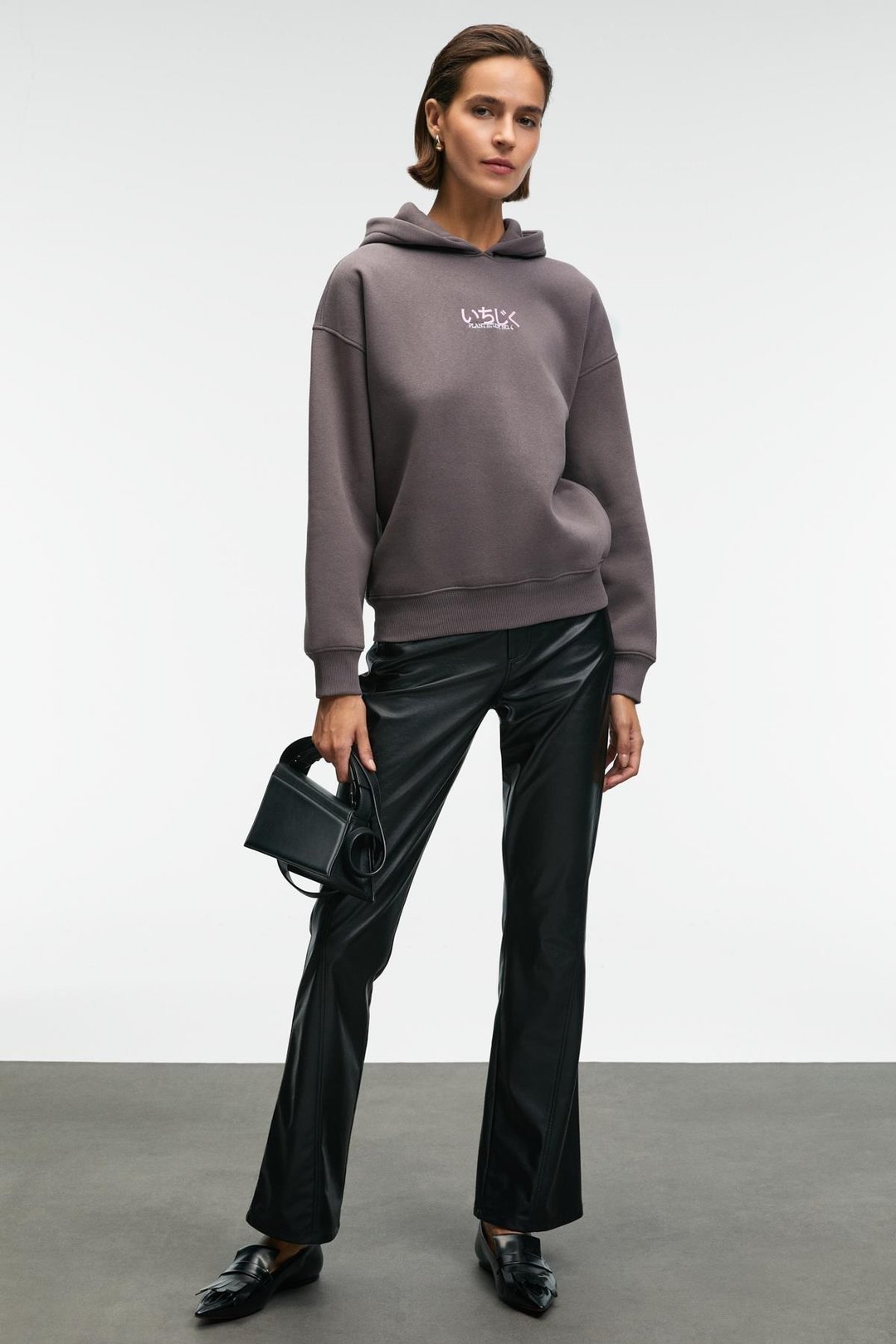 YANMESA Kadın Oversize Baskı Ve Nakış Detaylı Uzun Kollu Kapüşonlu Antrasit Sweatshirt