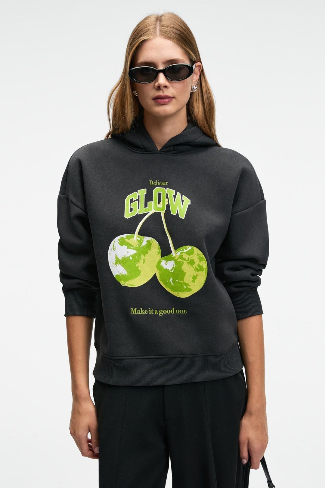 YANMESA Kadın Oversize Baskı Ve Nakış Detaylı Uzun Kollu Kapüşonlu Koyu Antrasit Sweatshirt