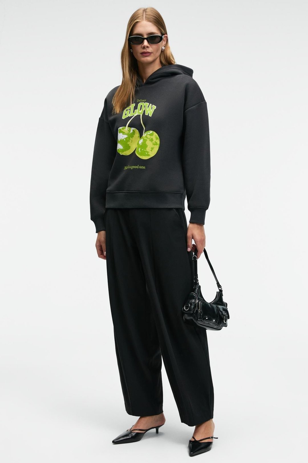 YANMESA Kadın Oversize Baskı Ve Nakış Detaylı Uzun Kollu Kapüşonlu Koyu Antrasit Sweatshirt