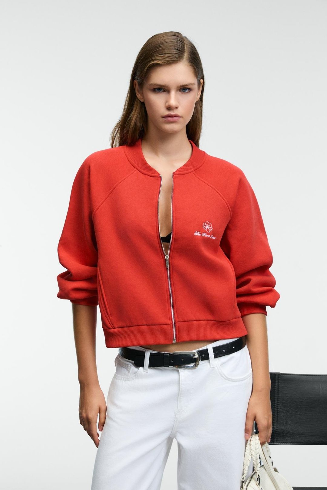 YASVELL Kadın Metal Fermuarlı Çift Cepli Nakış Detaylı Balon Kollu Bomber Kırmızı Ceket