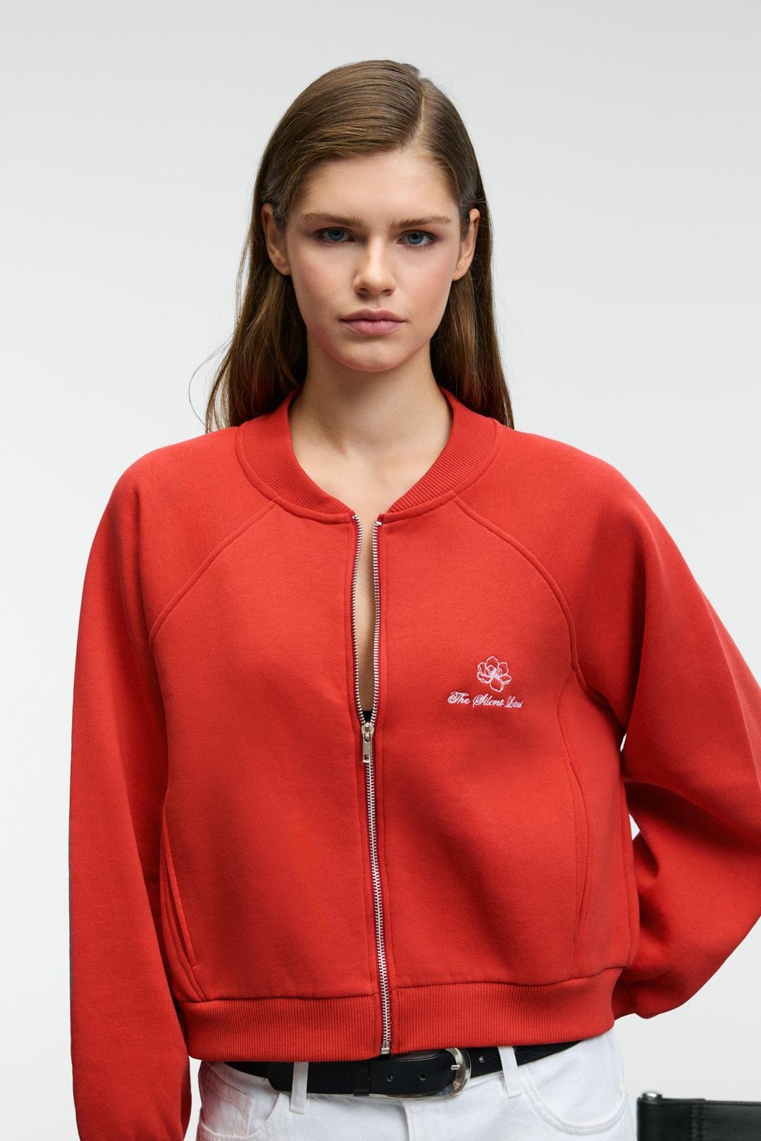 YASVELL Kadın Metal Fermuarlı Çift Cepli Nakış Detaylı Balon Kollu Bomber Kırmızı Ceket