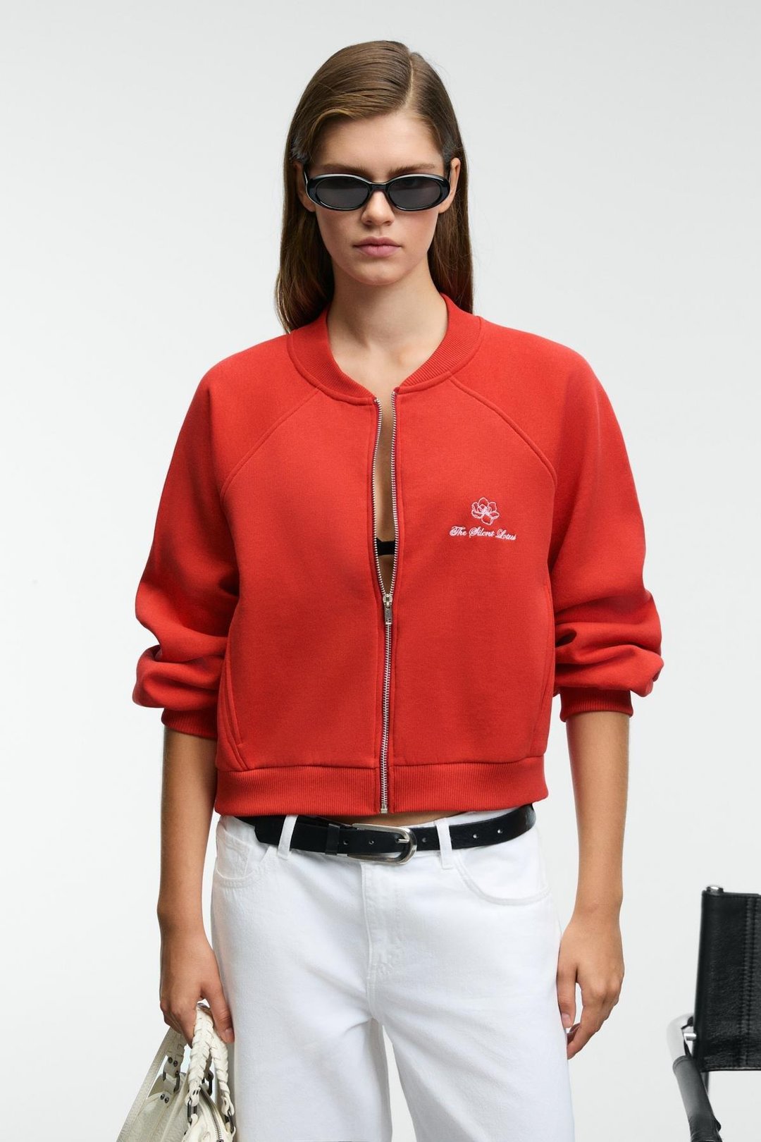 YASVELL Kadın Metal Fermuarlı Çift Cepli Nakış Detaylı Balon Kollu Bomber Kırmızı Ceket