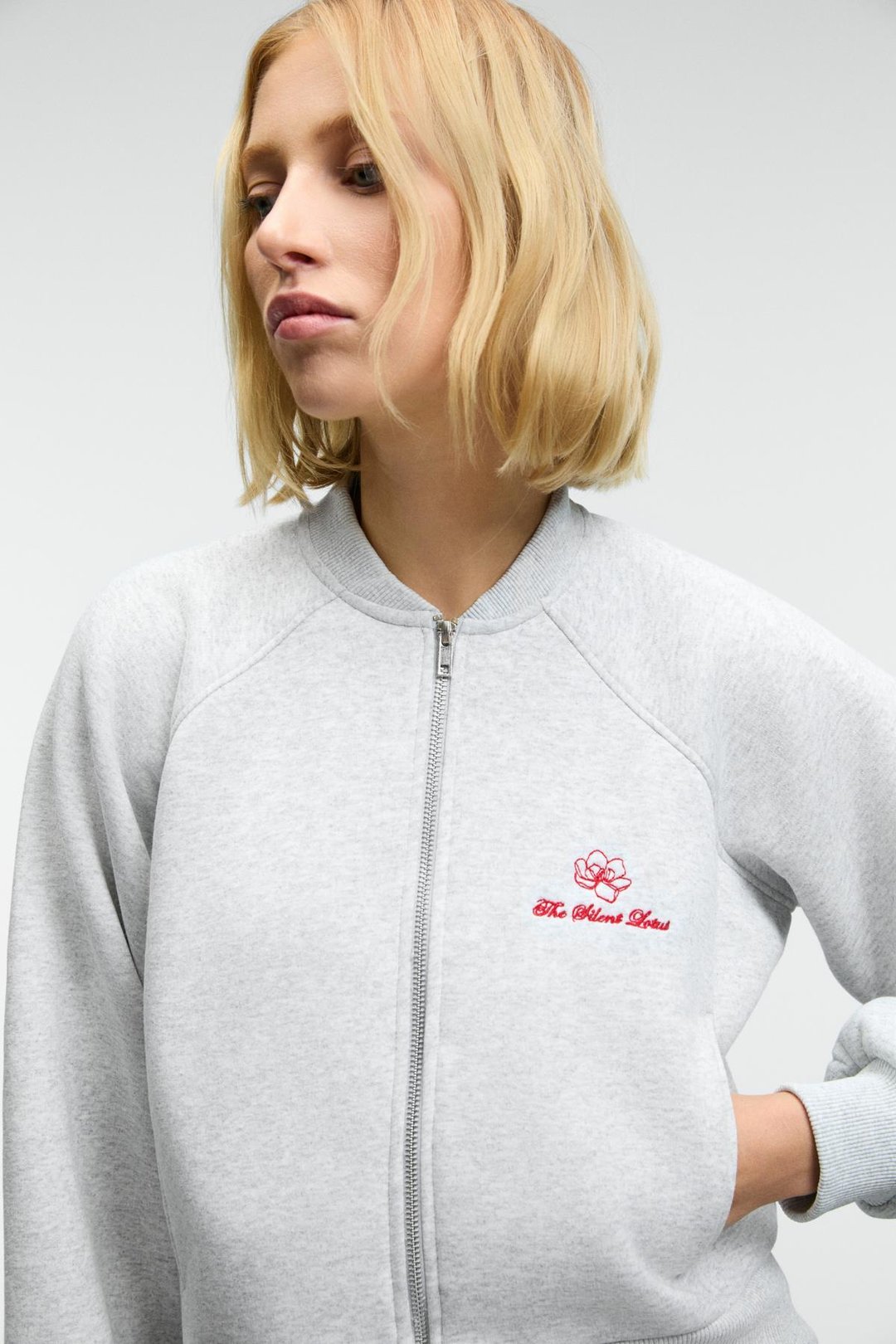 YASVELL Kadın Metal Fermuarlı Çift Cepli Nakış Detaylı Balon Kollu Bomber Grimelanj Ceket