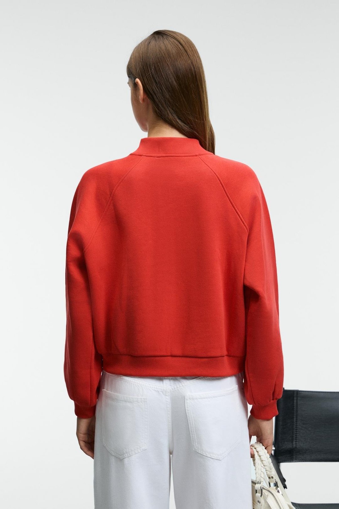 YASVELL Kadın Metal Fermuarlı Çift Cepli Nakış Detaylı Balon Kollu Bomber Kırmızı Ceket