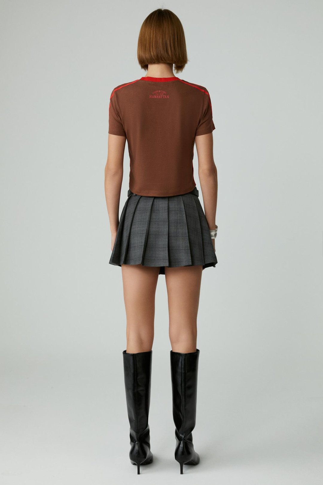 YEIDY Kadın Slim Baskılı Kısa Kol Asimetrik Yaka Kahverengi T-Shirt