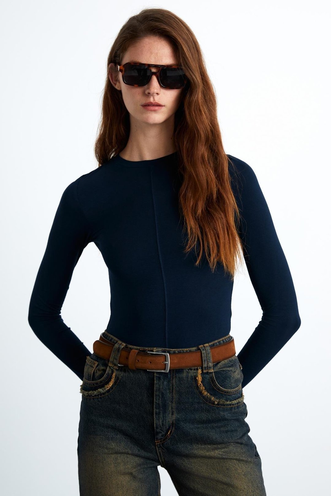 YENSI Kadın Viskon Likralı Bisiklet Yakalı Önü Dikiş Detaylı Uzun Kollu Lacivert Bluz