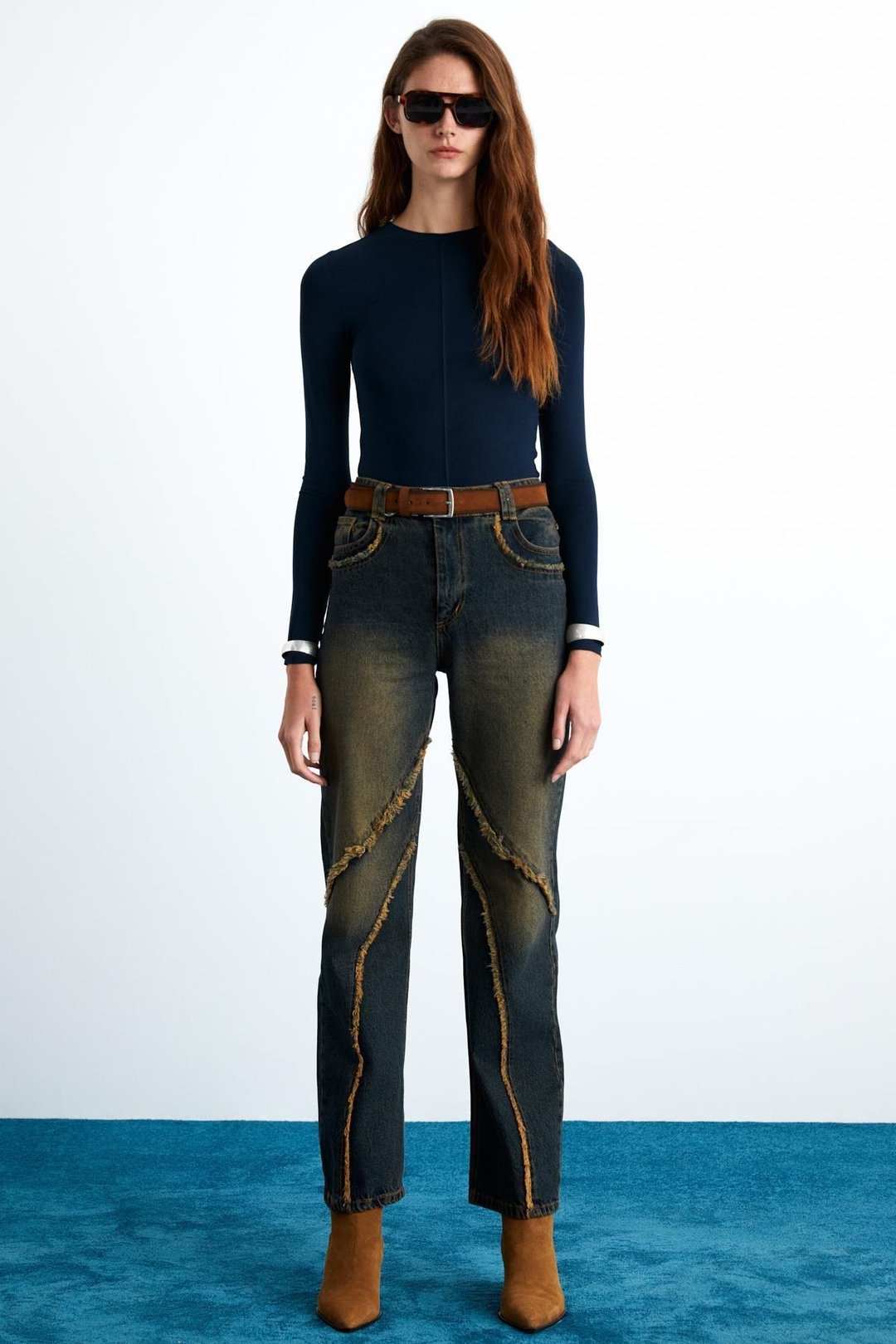 YENSI Kadın Viskon Likralı Bisiklet Yakalı Önü Dikiş Detaylı Uzun Kollu Lacivert Bluz