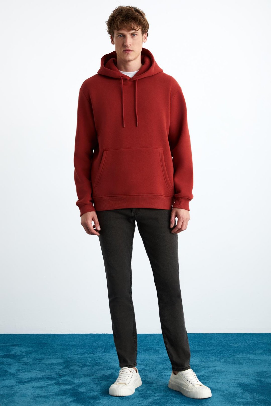 YOKOHAMA Erkek İçi Polarlı Yumuşacık Regular Kanguru Cepli Kapüşonlu Kiremit Rengi Sweatshirt