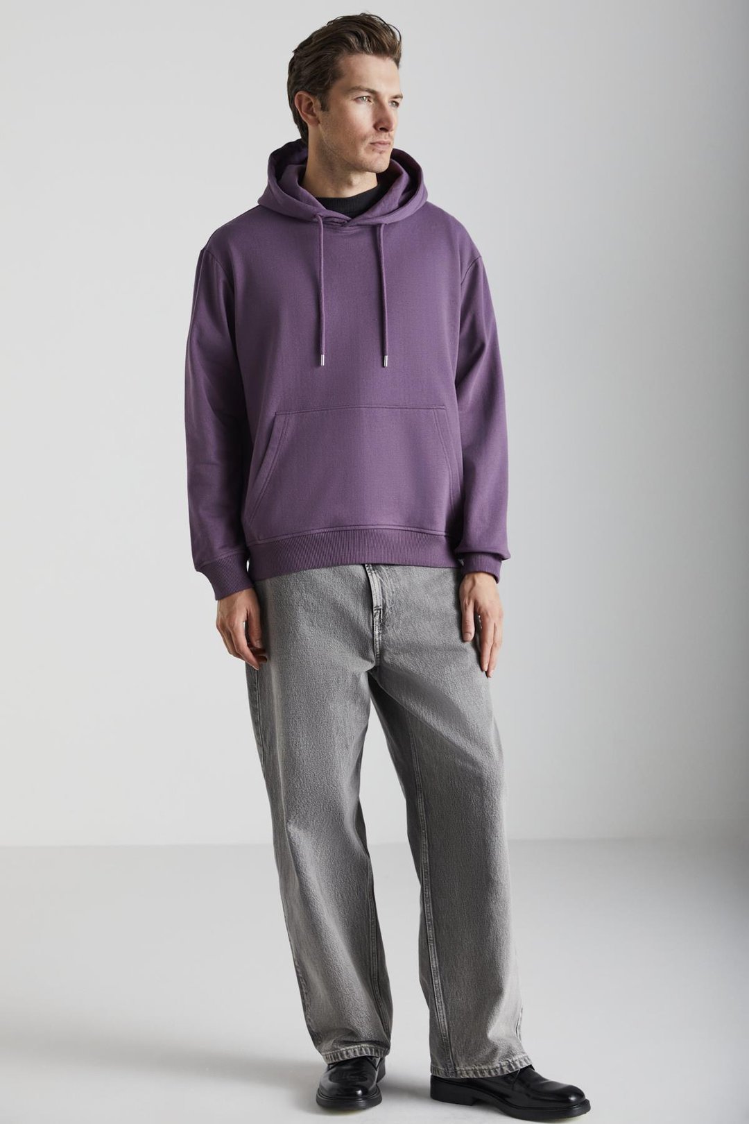 YOKOHAMA Erkek İçi Polarlı Yumuşacık Regular Kanguru Cepli Kapüşonlu Mor Sweatshirt