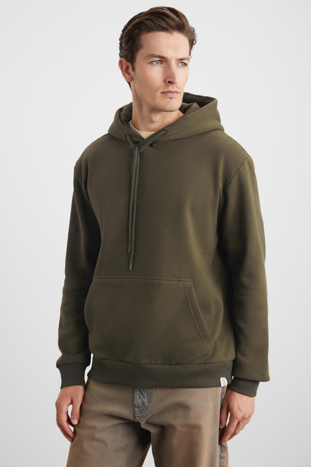 YOKOHAMA Erkek İçi Polarlı Yumuşacık Regular Kanguru Cepli Kapüşonlu Haki Sweatshirt