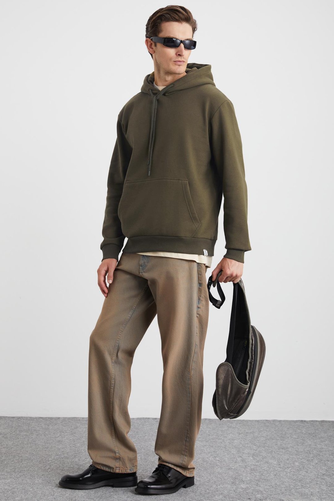 YOKOHAMA Erkek İçi Polarlı Yumuşacık Regular Kanguru Cepli Kapüşonlu Haki Sweatshirt