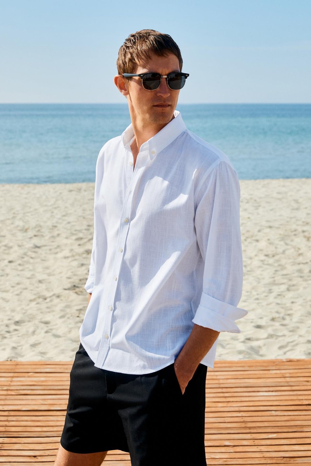 YORDI Erkek Gömlek Yaka Manşetli Flamlı Oxford Kumaş Regular Fit Beyaz Gömlek