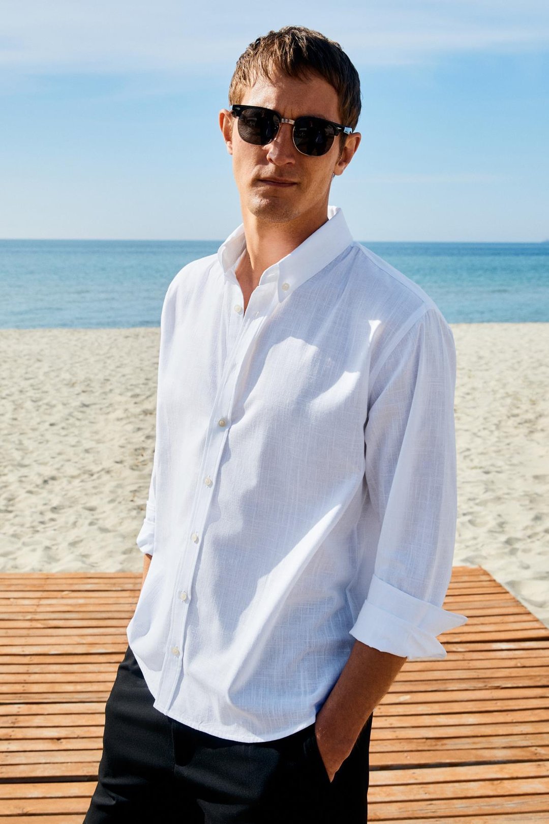 YORDI Erkek Gömlek Yaka Manşetli Flamlı Oxford Kumaş Regular Fit Beyaz Gömlek