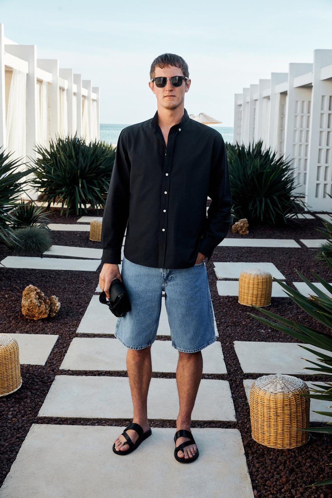 YORDI Erkek Gömlek Yaka Manşetli Flamlı Oxford Kumaş Regular Fit Siyah Gömlek