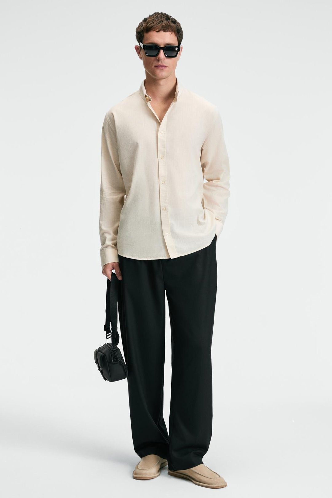 YORDI Erkek Gömlek Yaka Manşetli Flamlı Oxford Kumaş Regular Fit Krem Gömlek