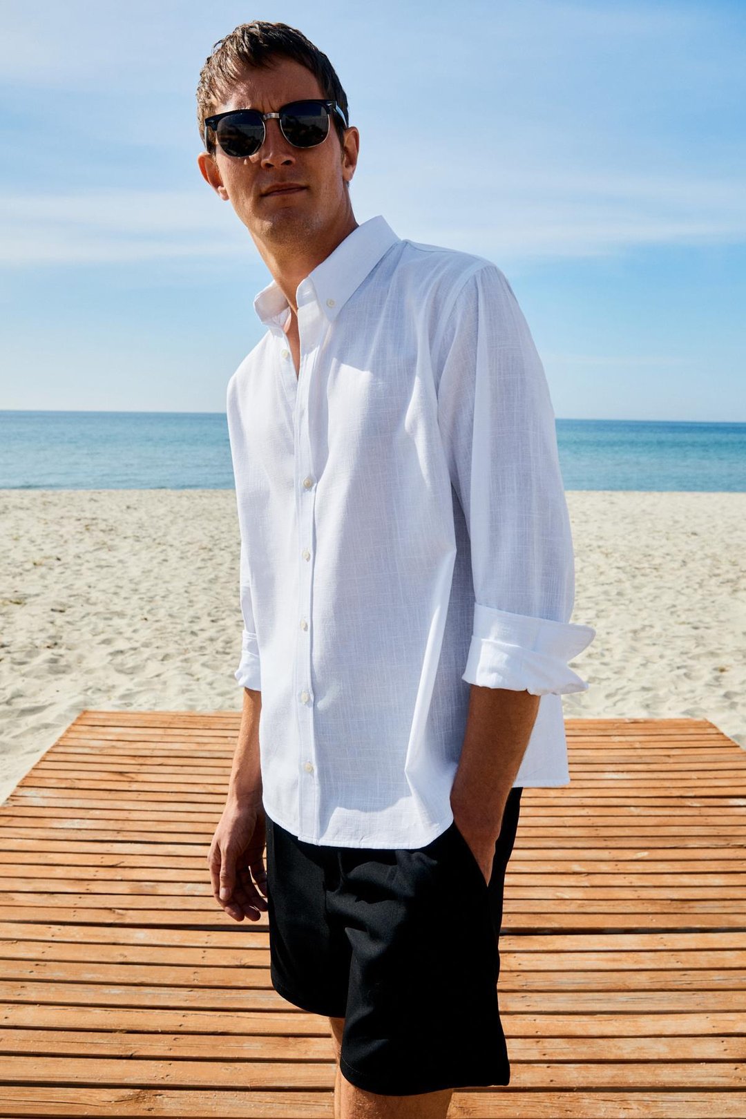 YORDI Erkek Gömlek Yaka Manşetli Flamlı Oxford Kumaş Regular Fit Beyaz Gömlek