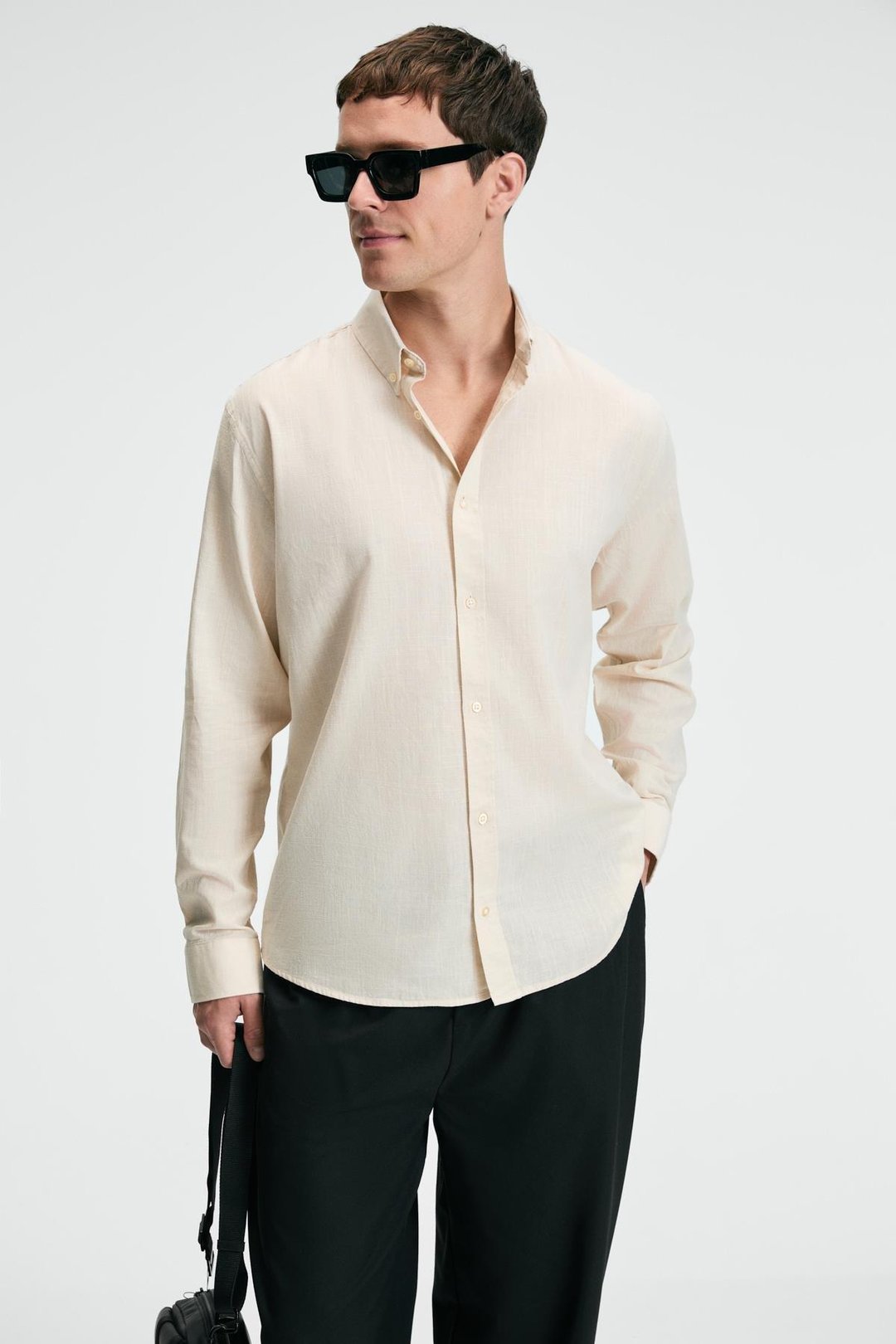 YORDI Erkek Gömlek Yaka Manşetli Flamlı Oxford Kumaş Regular Fit Krem Gömlek