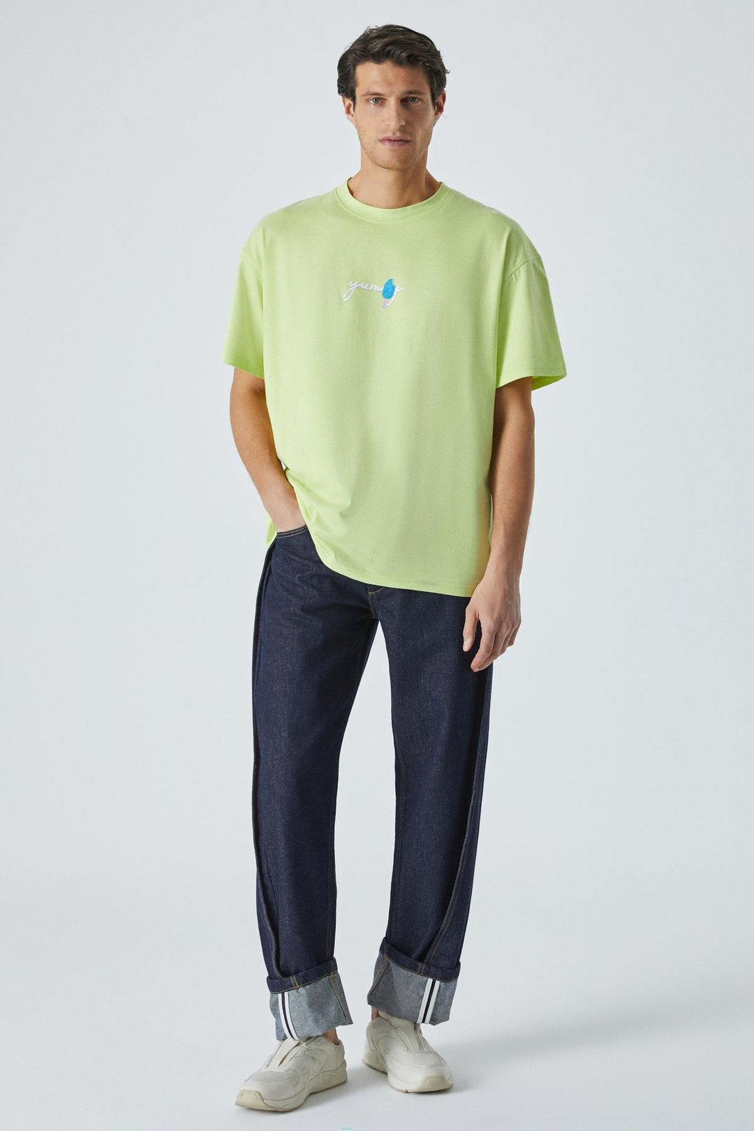 YUMMY Erkek Bisiklet Yaka Baskı Detaylı %100 Organik Pamuk Kısa Kol Açık Yeşil T-Shirt