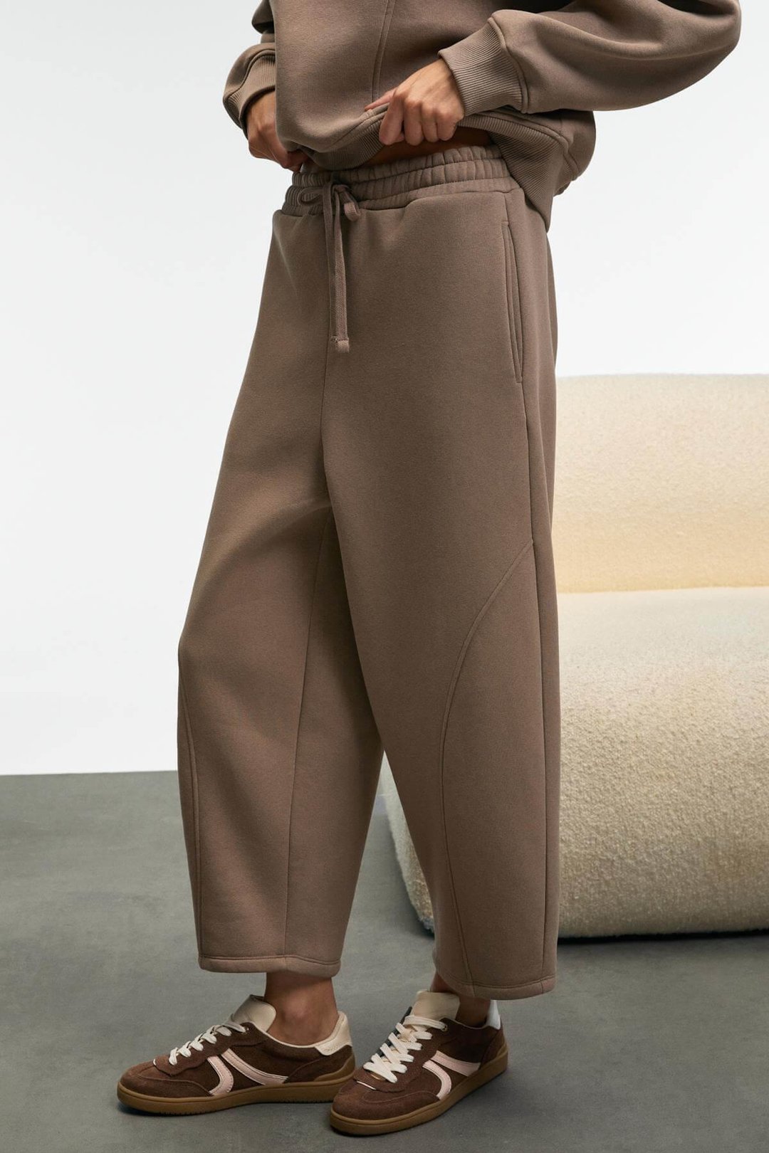 YUVESSA Kadın Oversize Kordonlu Çift Cepli Balon Vizon Eşofman Altı