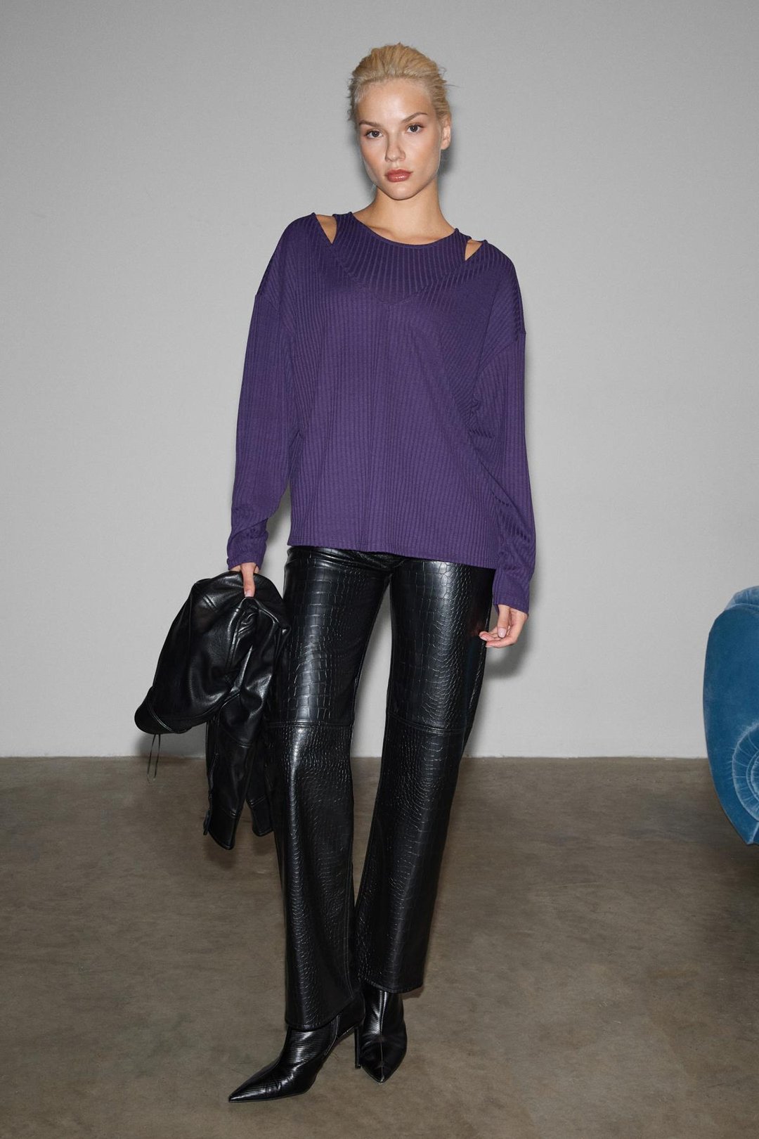 ZARREUS Kadın Omuz Dekolteli Esnek Kumaşlı Rahat Kalıp Mor Bluz