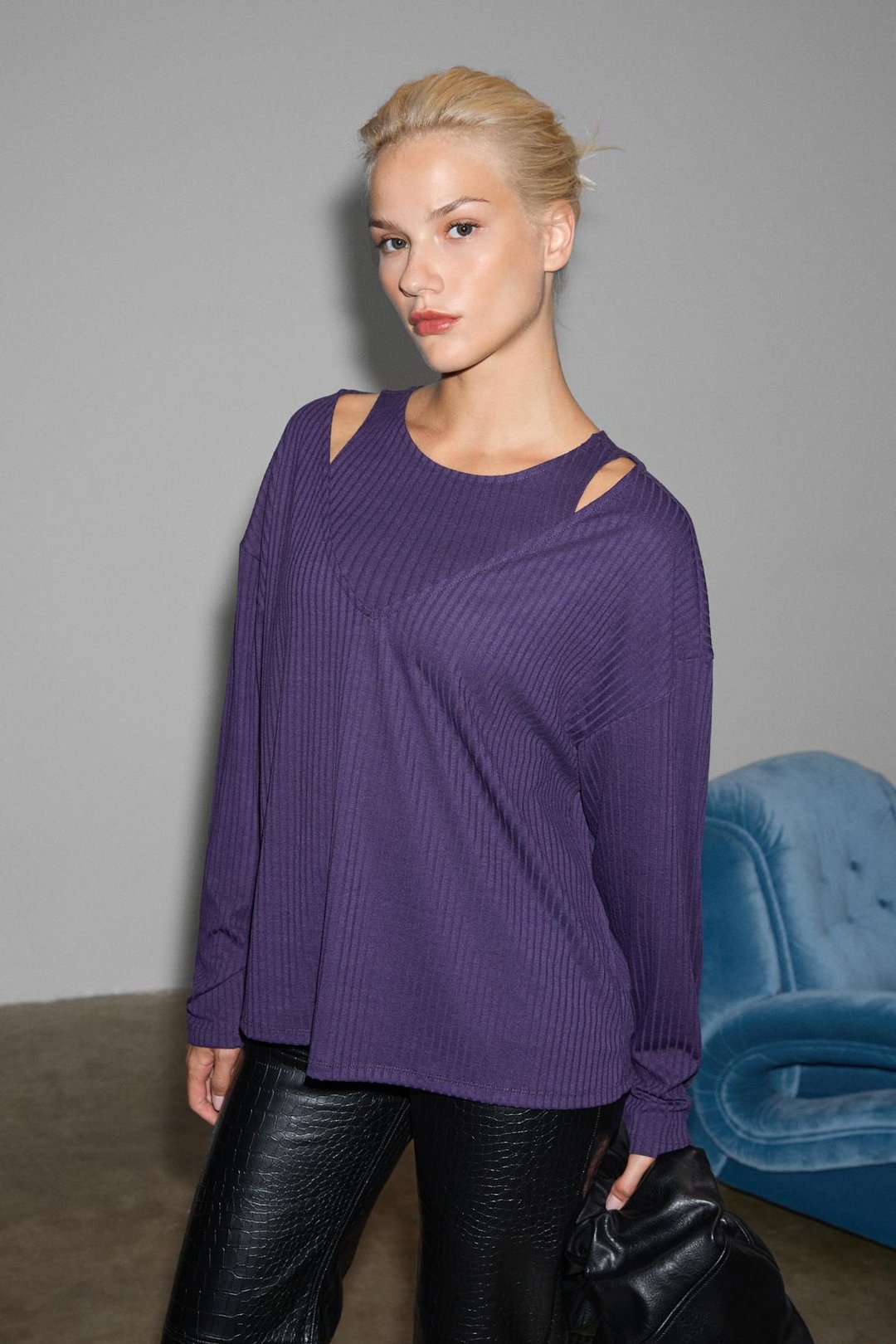 ZARREUS Kadın Omuz Dekolteli Esnek Kumaşlı Rahat Kalıp Mor Bluz