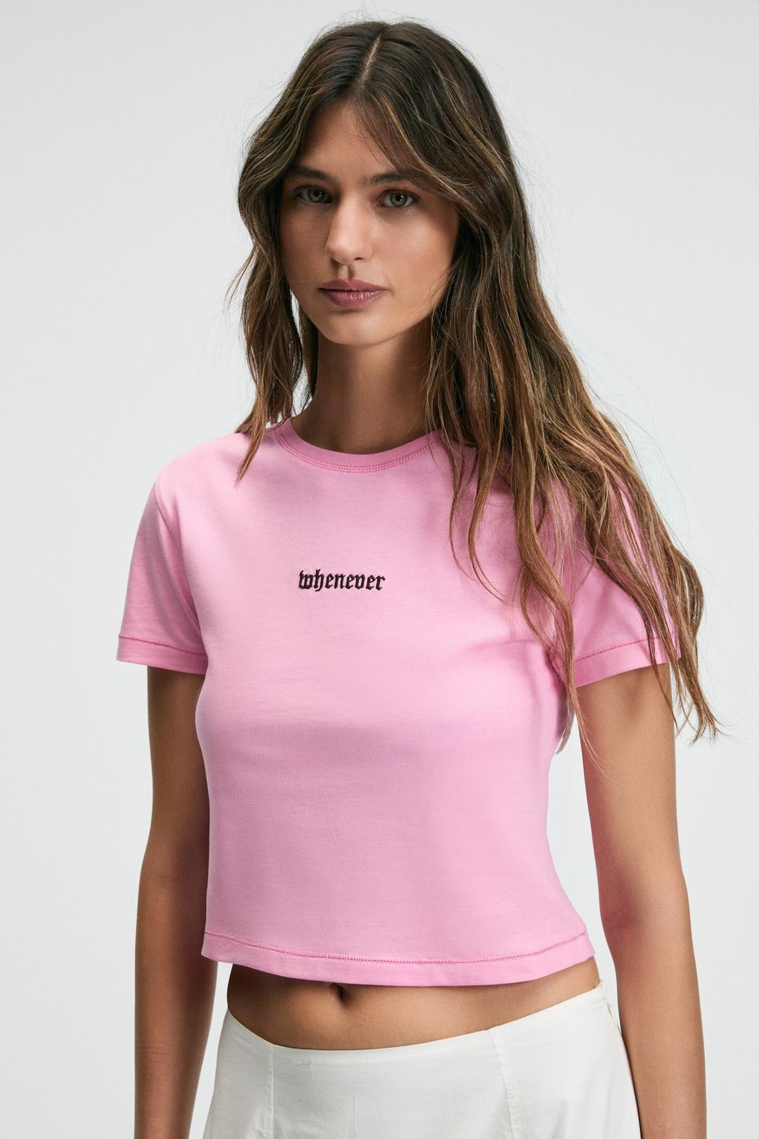 ZERAYA Kadın Bisiklet Yaka Kısa Kollu Önde Nakış Detaylı Crop Pembe T-Shirt