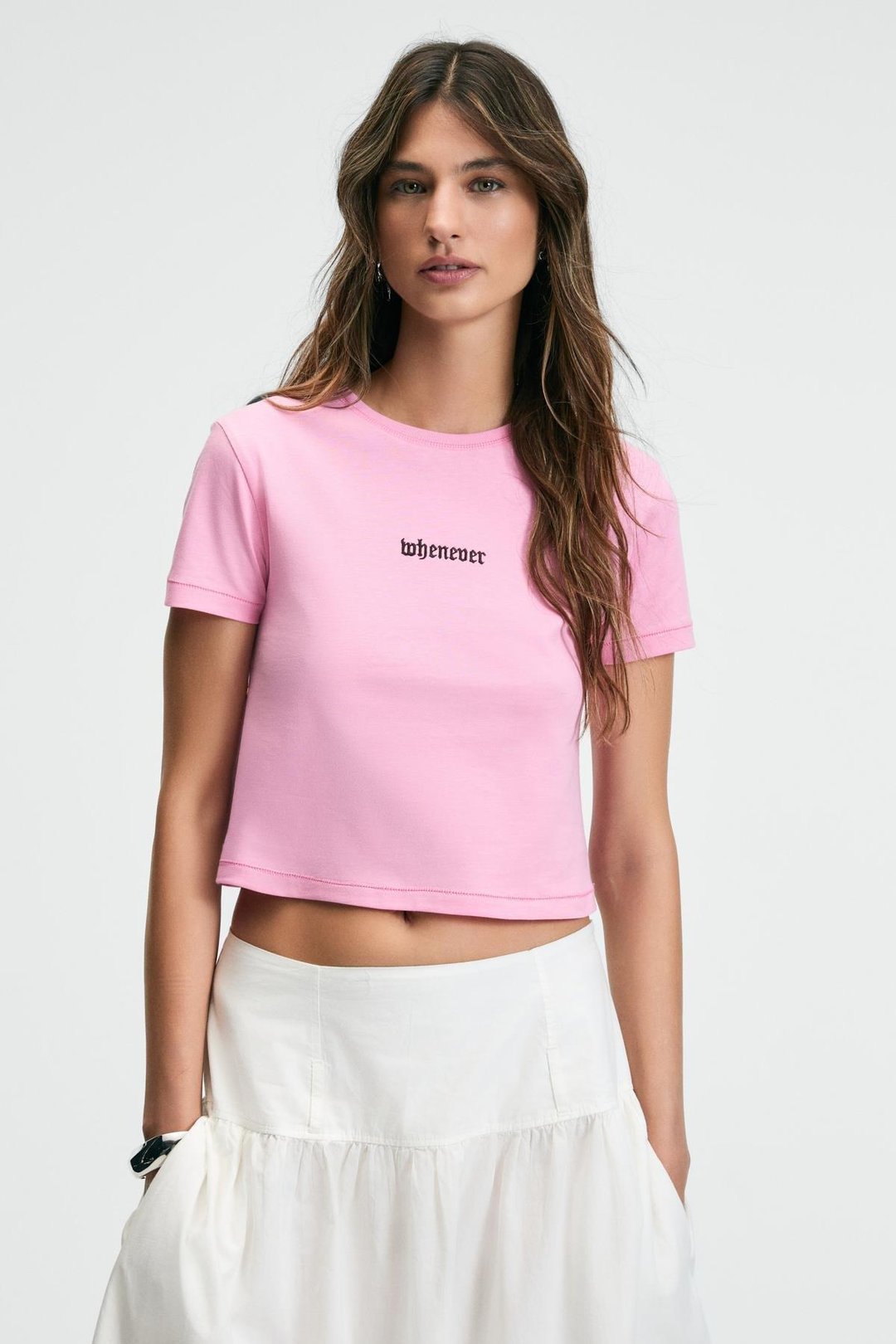 ZERAYA Kadın Bisiklet Yaka Kısa Kollu Önde Nakış Detaylı Crop Pembe T-Shirt
