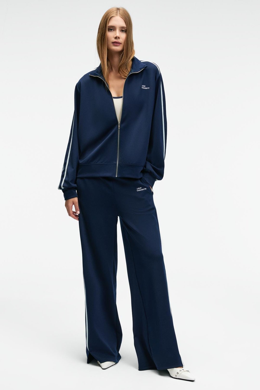 ZINNIE Kadın Regular Nakış Ve Yan Şerit Detaylı Metal Fermuarlı Dik Yaka Lacivert Ceket