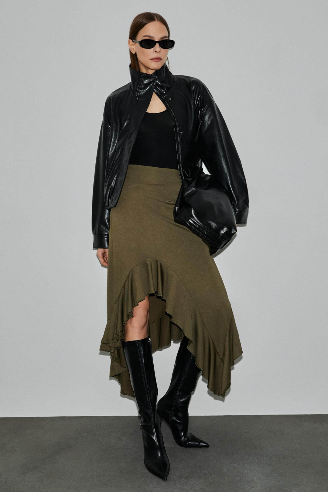 ADOBRE Kadın Esnek Kumaşlı Asimetrik Kesimli Haki Etek