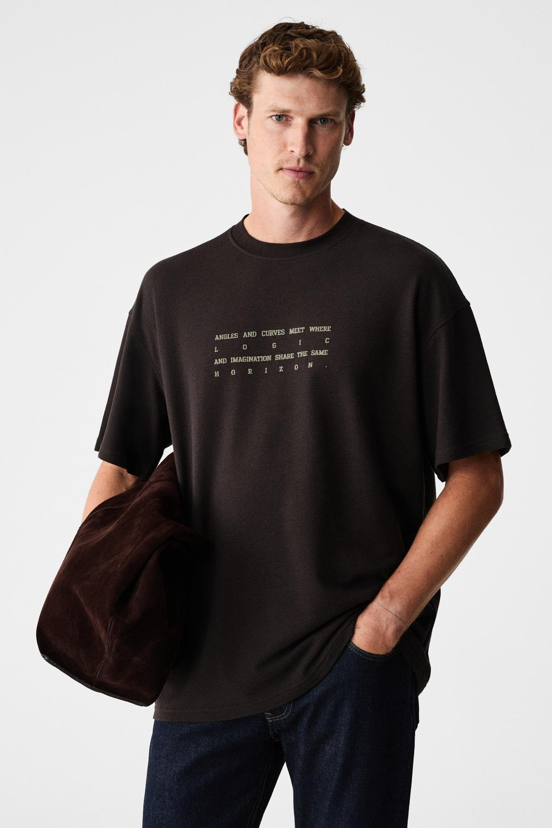 ANGLES Erkek %100 Organik Pamuk Baskılı Bisiklet Yakalı Oversize Acı Kahve T-Shirt