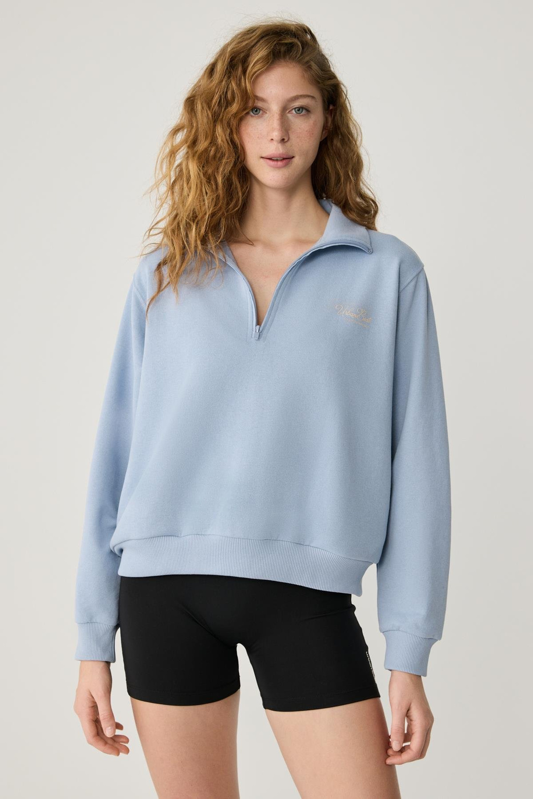 ARUNA Kadın Dik Yakalı Fermuarlı Baskı Detaylı Relaxed Açık Mavi Sweatshirt