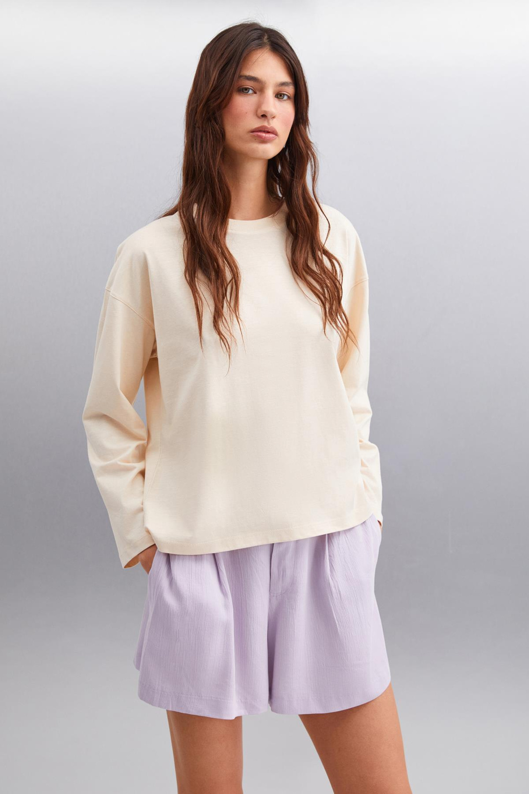 BASIL Erkek Sırt Baskı Detaylı Oversize %100 Organik Pamuk Örme Uzun Kol Bej T-Shirt