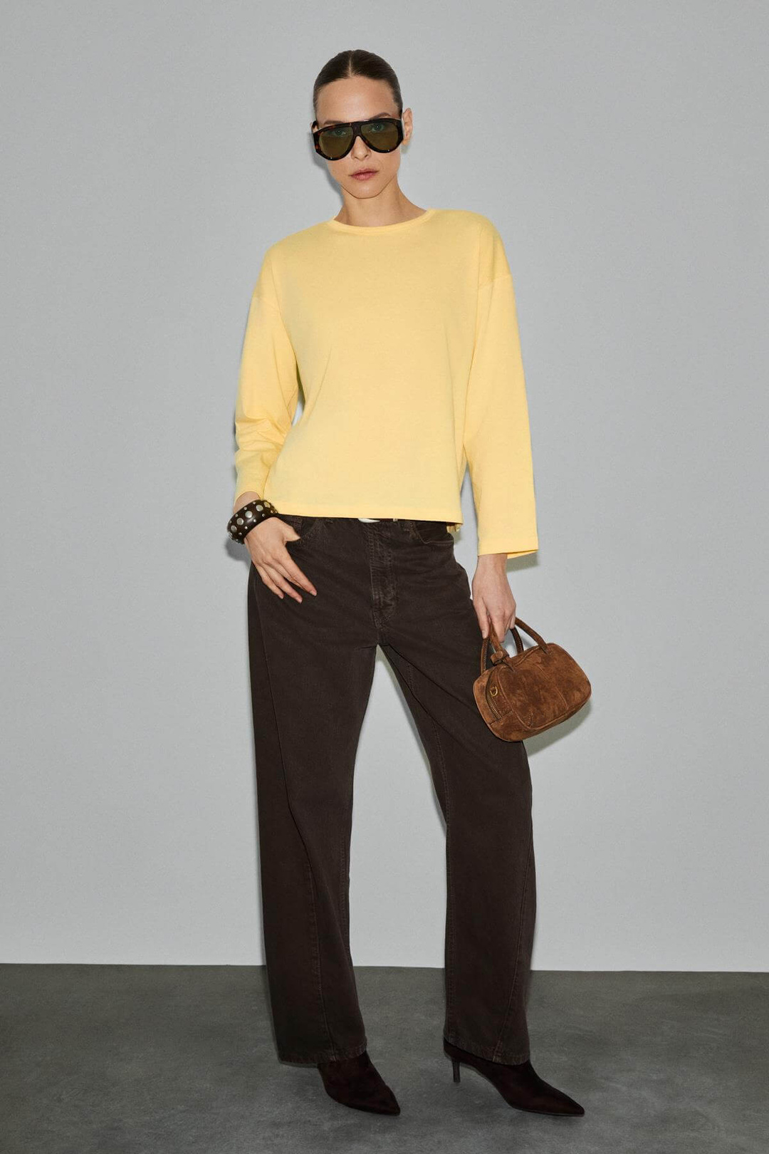 BASIL Kadını Oversize %100 Organik Pamuk Örme Uzun Kol Sarı T-Shirt