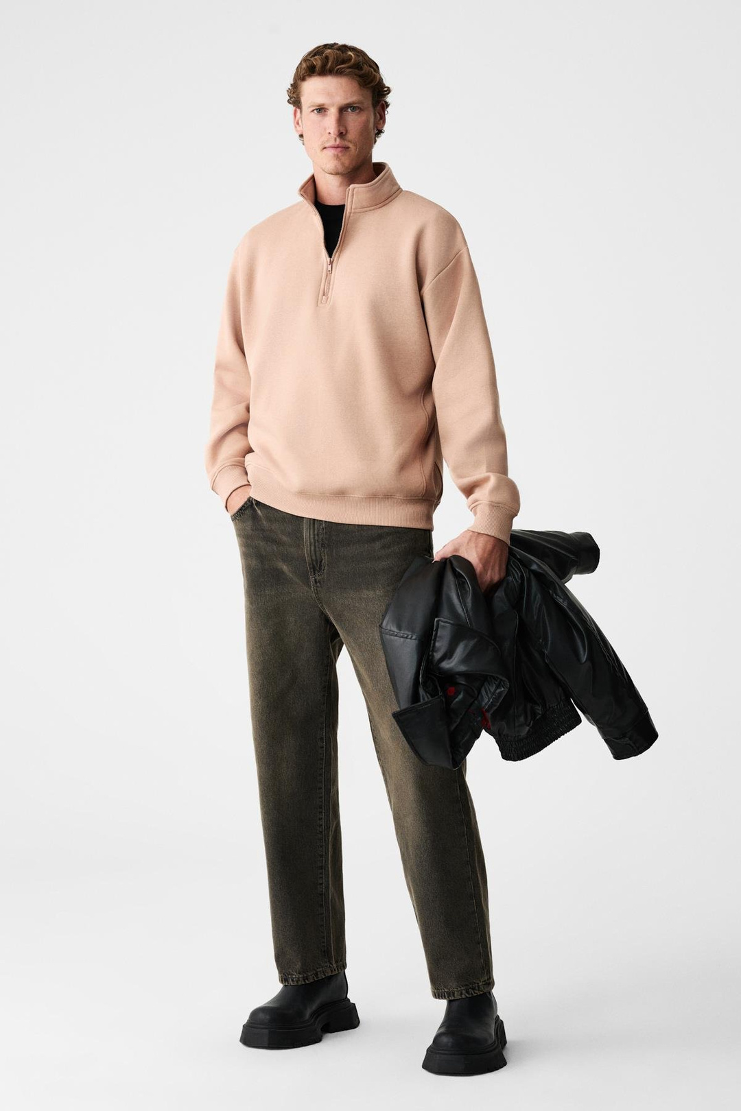 BAXTER Erkek Dik Yakalı Fermuarlı Relaxed Vizon Sweatshirt