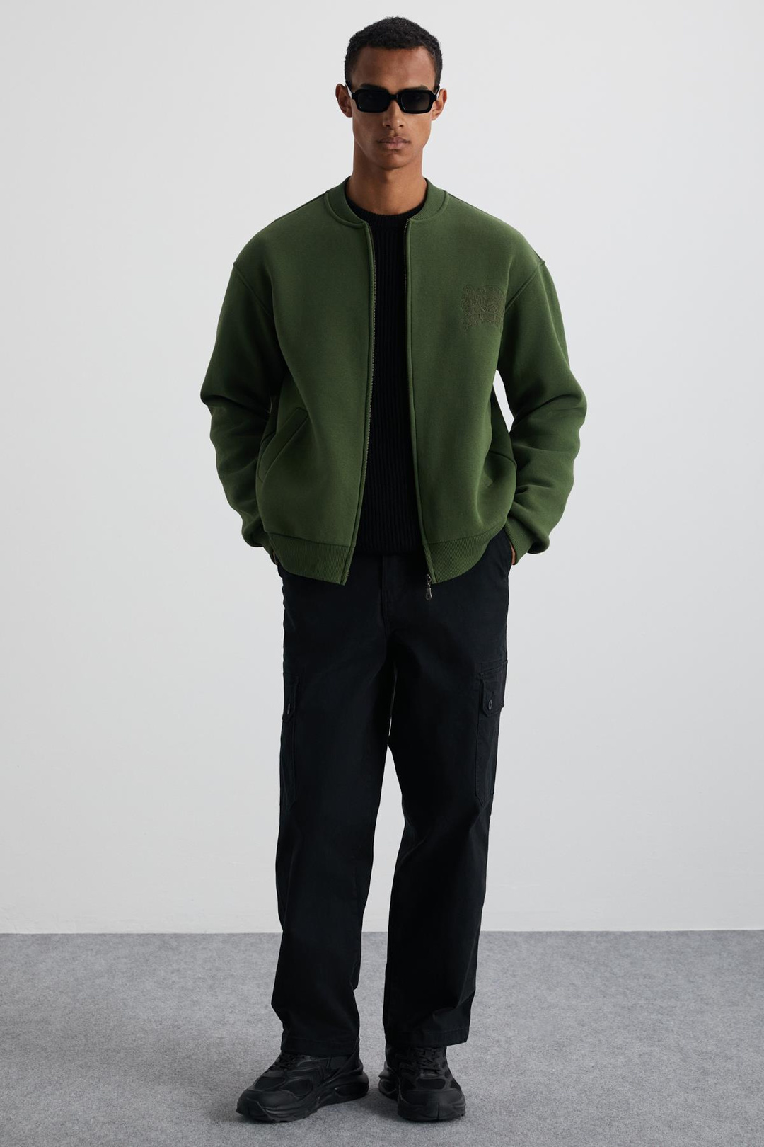 BURENIA Erkek Orgnaik Pamuklu Polarlı Kalın Kumaşlı Nakışlı Cepli Fermuarlı Bomber Haki Ceket